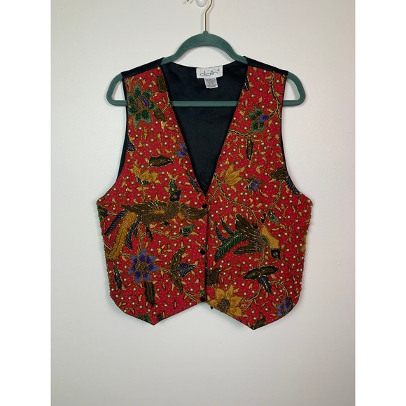 Vintage 90s Dalin RED Floral and Bird Beaded Vest, one size - Picture 1 of 6